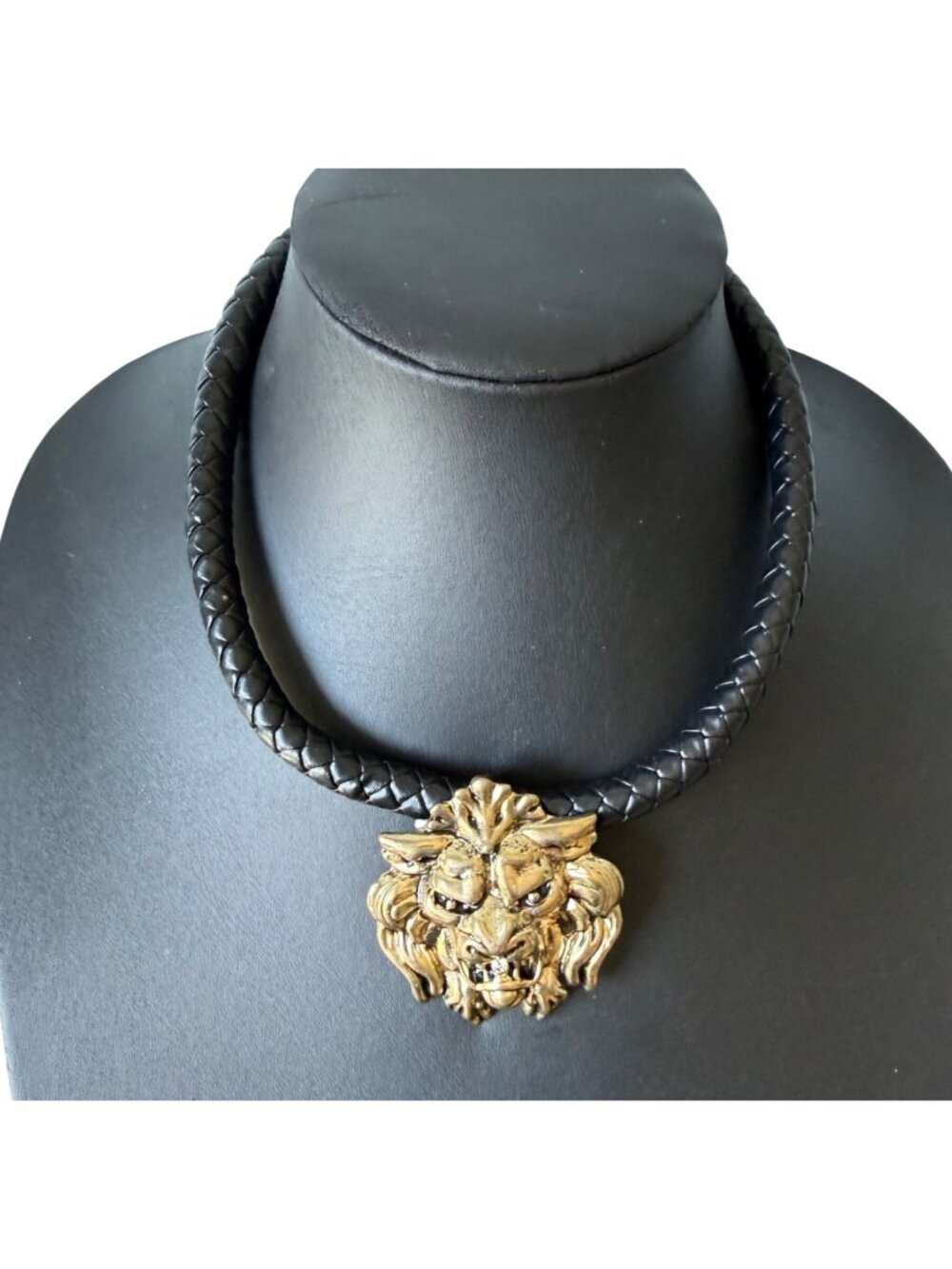 Lion Head Pendant Necklace Black Braided Cord Adjustable 16 to 2 inches Gold-Ton